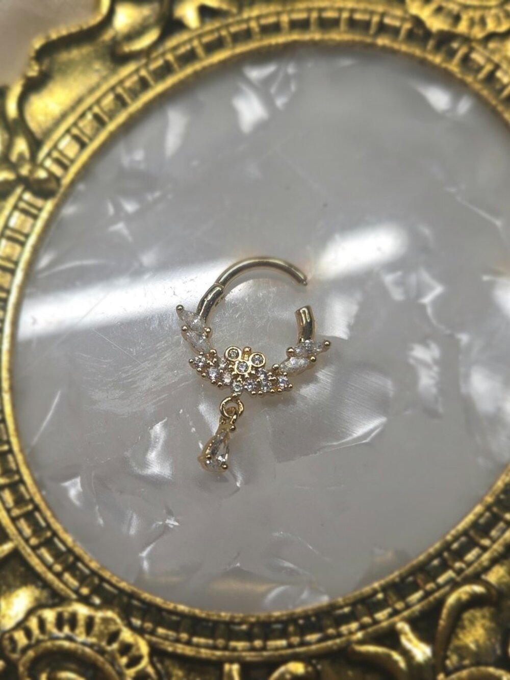 Gold Tone Cubic Zirconia Nose Ring with Dangle Charm